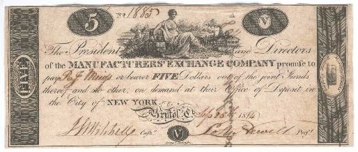 Manufactures' Exchange Company, Bristol, Connecticut $5 note